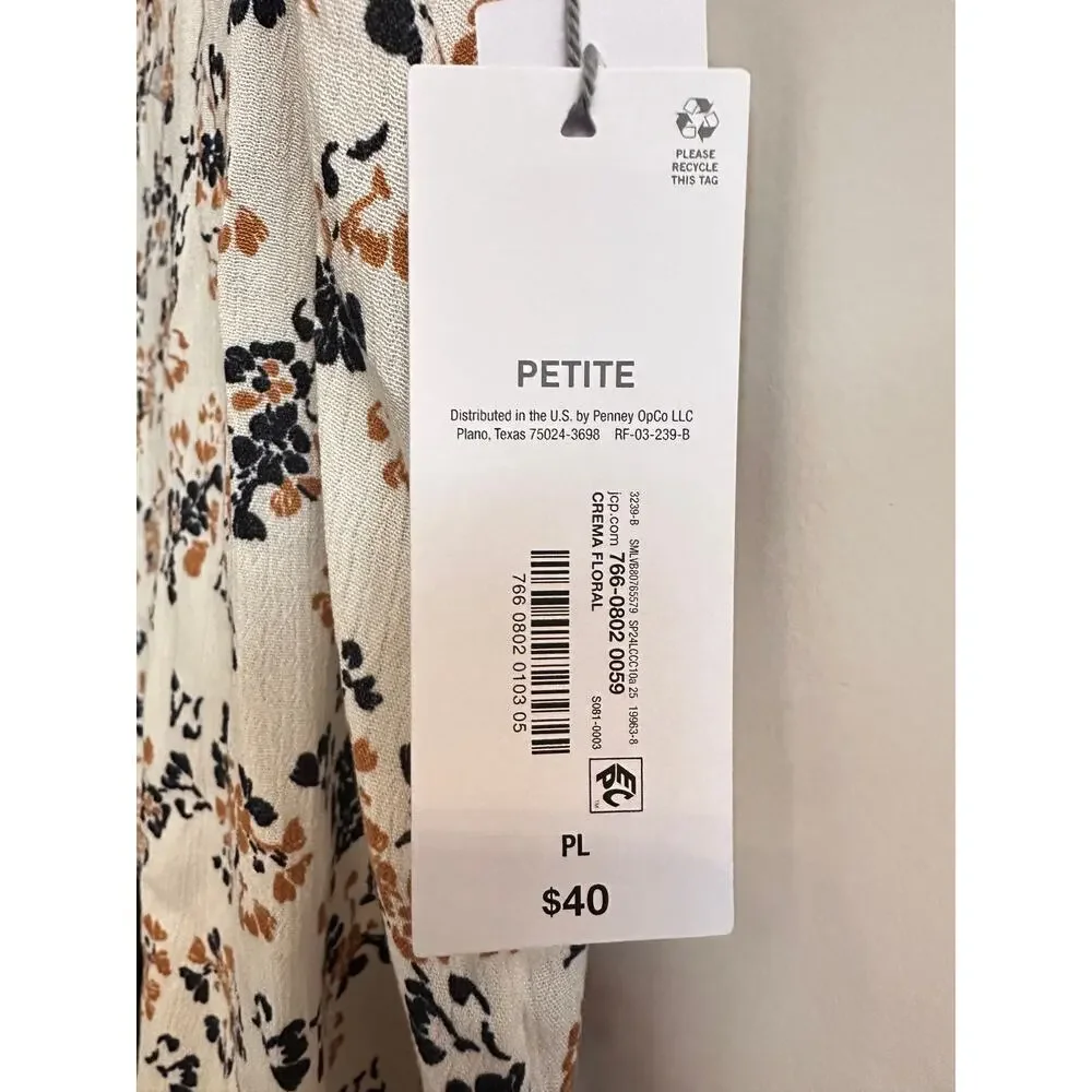 Liz Claiborne Petite Lrg Floral Blouse Cream Tan Navy Abstract‎ Print Cap Sleeve - Picture 8 of 8